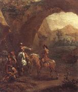 Adam Colonia Landscape with troopers and soldiers beneath a rocky arch oil